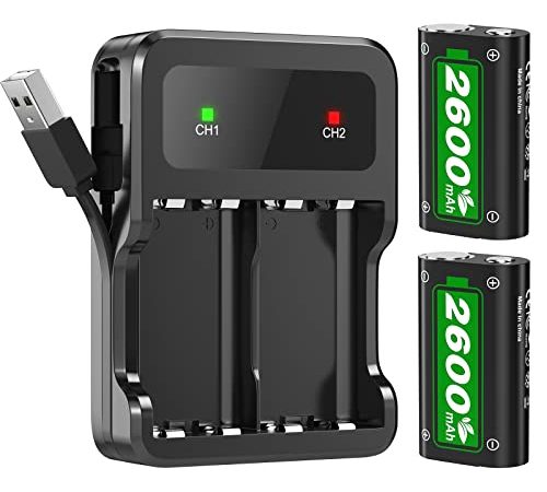 2 Batterie Ricaricabili da 2600 mAh per Xbox Series X|S/Xbox One/Xbox One S/Xbox One X/Xbox One Elite Controller wireless, Batteria del Controller Xbox con stazione di ricarica ad alta velocità