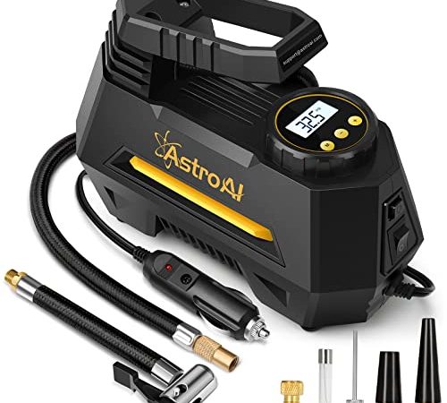 AstroAI Compressore Aria Portatile Digitale 12 Volt CC Mini Pompa Elettrica per Bicicletta e Moto,Compressore Portatile per Auto con Manometro e Luce LED,Cavo da 3M,Adattatori e Fusibile (Giallo)