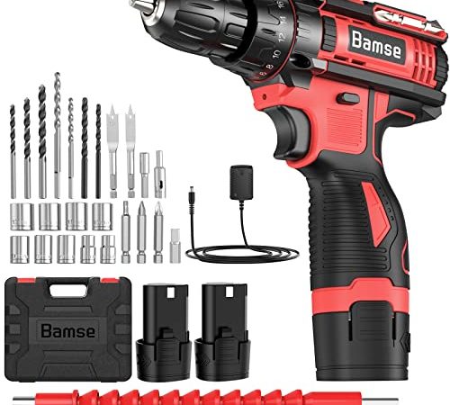 Bamse Avvitatore a Batteria 12V, Trapano Avvitatore Batteria 30 Nm Max con 2 * 1.5Ah Batterie, 18+1 regolazioni di Coppia, Mandrino da 10 mm, 2 Velocità, LED Luce per Forare Pareti, Legno, Metallo