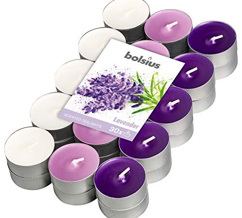 Bolsius Multicolor Tealight Profumate - Fragranza Lavanda - Set di 30 Unità - 3 Colori - Lunga Durata di 4 Ore - Candele Decorative - Cera - Senza Fumo