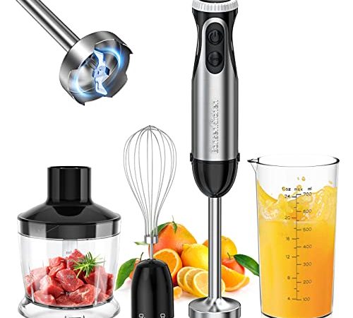 Bonsenkitchen Frullatore a Immersione Multifunzione 4 in 1, 20 Velocità Regolabili, Minipimer con Frusta, Tritatutto da 500 ml e Misurino da 700 ml Robot da Cucina, 1000W, Senza BPA