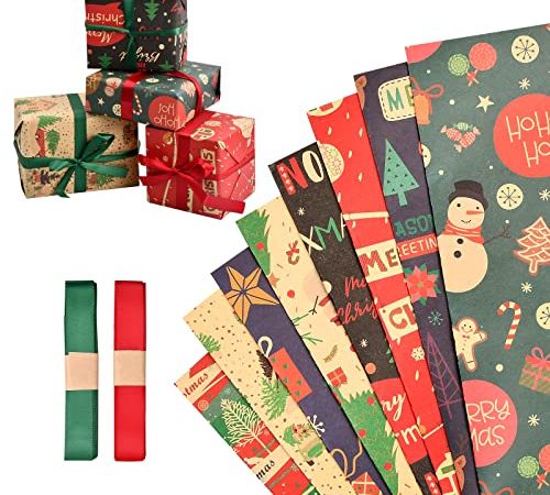 Cozlly 8 Fogli Carta da Regalo Natalizia Kraft, 70x50cm Carta da Regalo Natale con 2 Rotoli di Nastro, Carta Pacchi Natale, Carta Regali Natale, Carta da Regalo Kraft per Confezione Regalo di Natale