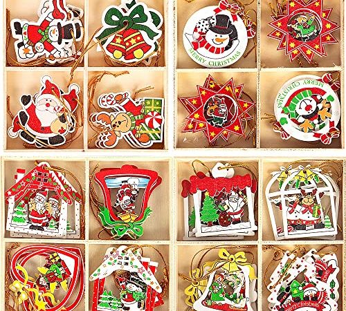 Decorazioni Albero di Natale, YYDSXK 48 Pezzi Decorazioni di Natale in Legno con Luci di Natale, Decorazioni Ciondoli Natalizi per Albero di Natale, Ornamenti Natalizi Regali Natale