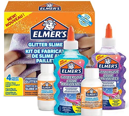 ELMER’S Kit Glitterato per Slime con Colla Glitterata Viola e Blu e 2 Flaconi di Liquido Magico Attivatore di Slime, 4 Pezzi