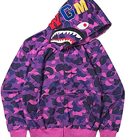 Felpa con cappuccio BAPE con stampa mimetica, motivo: squalo 3D, con cerniera su tutta la lunghezza, felpa con stampa mimetica per uomini e ragazzi, Viola, S