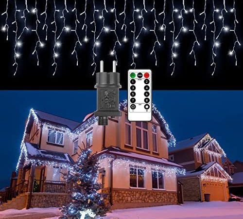 GCMacau luci natale esterno,7M/240 LED luci natale esterno cascata,Luci con spina con 8 Modalità IP65 Impermeabile con telecomando Luminosità regolabile per Balcone, Tetto, Giardino