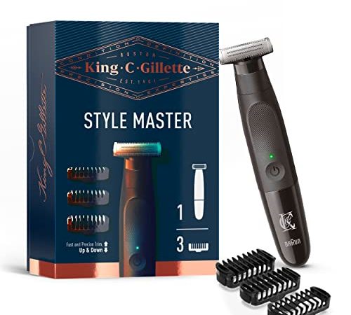 King C. Gillette Style Master, Regolabarba Uomo Senza Fili Per Regolare, Rifinire E Radere La Barba Incolta Con Lama 4D E 3 Pettini Da 1, 3, 5 mm, Idea Regalo San Valentino