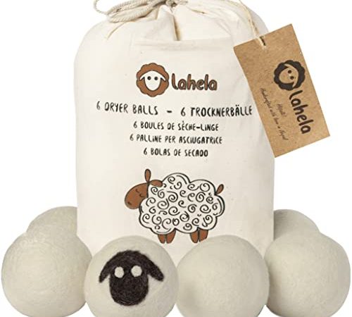 LAHELA. 6 palline per asciugatrice XXL. Ammorbidente e profumatore naturale. 100% lana della Nuova Zelanda senza agenti chimici e plastica. Tempi di asciugatura ridotti fino al 40%. Made in Nepal.