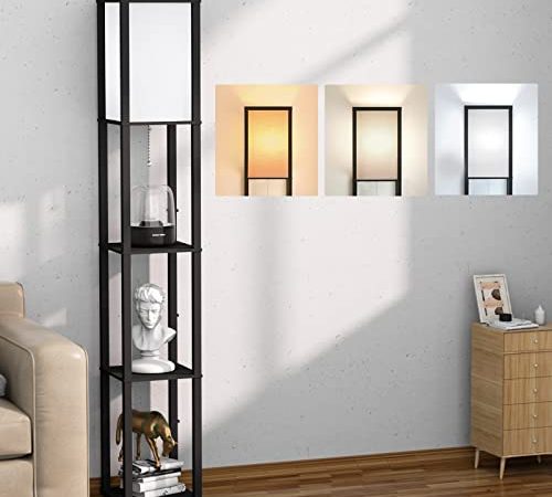 Lampada Salotto da Terra in Legno con Scaffale, Tre temperature di colore Lampada da Pavimento con 3000K-5000K E27 Lampadine, Lampada a Stelo 1.6M, Piantana da Terra per Camera Da Letto e Soggiorno