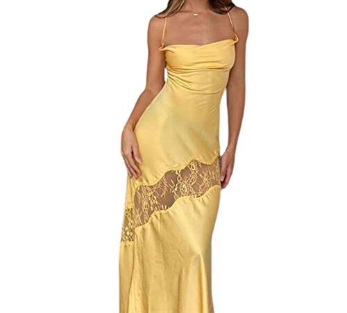 MAHUAOYIXI Vestito Maxi Lungo Donna Vestito Aderente Donna in Pizzo Bianco Sexy Abito Senza Manica Scollo a V Abito da Spiaggia Donna Vestito Elegante Donna Abito da Sera Casual (Giallo, M)