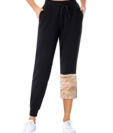 MOVE BEYOND Donna Pantaloni da Jogging in Felpa con Fodera di Sherpa Calda con 2 Tasche Athletic Fleece Pantaloni da Jogging con Coulisse, S, Nero, Fodera in Pile