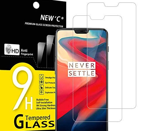 NEW'C 2 Pezzi, Vetro Temperato per OnePlus 6, Pellicola Prottetiva Anti Graffio, Anti-Impronte, Senza Bolle, Durezza 9H, 0,33mm Ultra Trasparente, Ultra Resistente