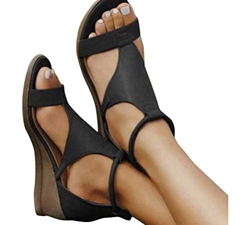 ORANDESIGNE Sandali Donna Zeppa Plateau Estivi Sandali con Cinturino Caviglia Punta Aperta Spiaggia Zip Sandaletti Sandalo Scarpe col Tacco A Nero 41 EU