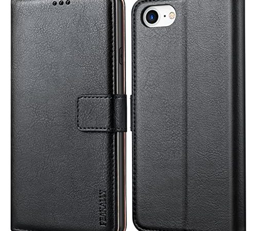 Peakally Cover per iPhone SE 2022 5G/SE 2020/6/6S/7/8, Flip Caso in PU Pelle Premium Portafoglio Custodia per iPhone SE 2022 5G/SE 2020/6/6S/7/8, [Kickstand] [Slot per Schede]-Nero