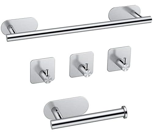 Porta Asciugamani JiGiU Set di Portasciugamani Bagno Acciaio Inox Set di Accessori da Bagno con 1 Porta Carta Igienica e 3 Ganci Adesivi -Set di Porta Salviette 40CM Autoadesivo