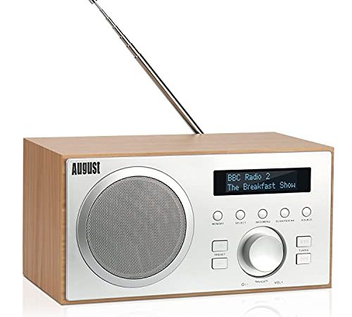 Radio DAB FM Bluetooth Legno con Lettore MP3 – August MB420 Stazione radio DAB Plus Elettrica VHF Digitale RDS Hifi, doppia Sveglia, per Casa Ufficio Officina Lavoro, Uscita Aux - Design scandinavo