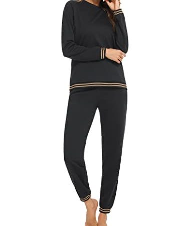 Terecey 2 Pezzi Pigiama Donna in Cotone Lungo,Comfort Completi da Casa Donna Invernali,Tuta Donna da Ginnastica Elegante,Tuta Donna Sportiva Completa per Yoga,Jogging,Training,Casa - Nero XXL
