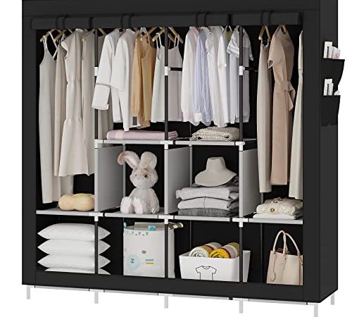 UDEAR Armadio Richiudibile Cabina Salvaspazio Guardaroba Non Tessuto Appendiabiti in Tessuto con Cerniera (Nero)