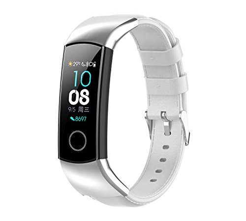Yikamosi Compatibile con Honor Band 4 Cinturino/Honor Band 5 Cinturino,sgancio rapido Vera Pelle Chiusura in Acciaio Inossidabile Cinturino di Ricambio per Honor Band 4/Honor Band 5,Bianca