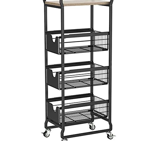 BAKAJI Carrello da Cucina 4 Ripiani Slim, Stile Industrial e Ruote Girevoli a 360°, Carrellino con 3 Cesti Portaoggetti, Salvaspazio Multiuso in Metallo Antiusura, Dimensioni 32 x 24 x 87H cm (Nero)