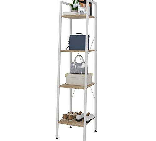 eSituro Scaffale Libreria a Scala Scaffale Porta oggetti in Acciaio Legno 4 Ripiani Design Industriale Scaffalatura Multifunzionale per Cucina Soggiorno Bianco+Rovere Chiaro SSTR0041