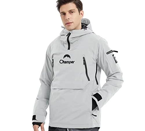 kirnusino Giacca da sci da uomo, giacca da neve, impermeabile, con cappuccio, con tasca per carte di credito, antivento, caldo, invernale, grigio, L