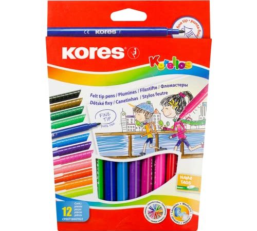 Kores - Korellos: 12 Pennarelli Colorati per Bambini e Adulti a Punta Fine, Lavabili e di Lunga Durata, Articoli per la Scuola, Set da 12 Colori Assortiti