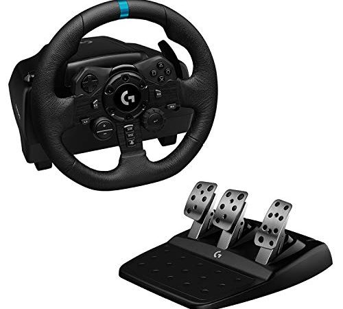 Logitech G923 Volante da Corsa e Pedali TRUEFORCE 1000 Hz di Ritorno di Forza, Design di Guida Reattivo, Launch Control, Doppia Frizione, Coprivolante in Vera Pelle, per PS5, PS4 e PC, Nero
