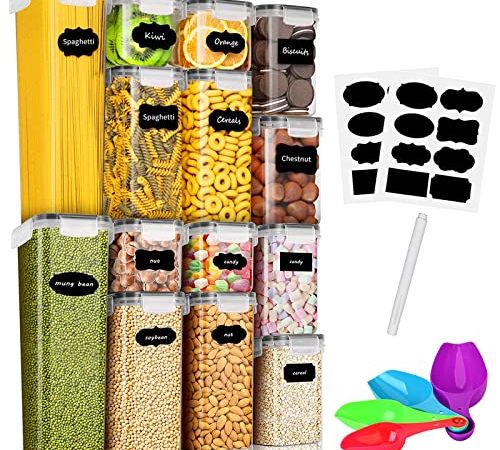 NINGESHOP Contenitori Alimentari per Cereali Set 14 Pezzi, Contenitori Ermetici Alimentari Plastica con Coperchio per Alimenti Set, Utilizzato per la Conservazione di Cereali, Muesli, Farinai, Pasta
