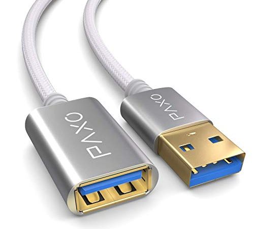 PAXO - Cavo di prolunga USB da 5m, 10 Gbps (1,25 GByte/s), USB 3.2 Gen2 (3.0, 3.1), da maschio A a femmina A, bianco, rivestimento in tessuto