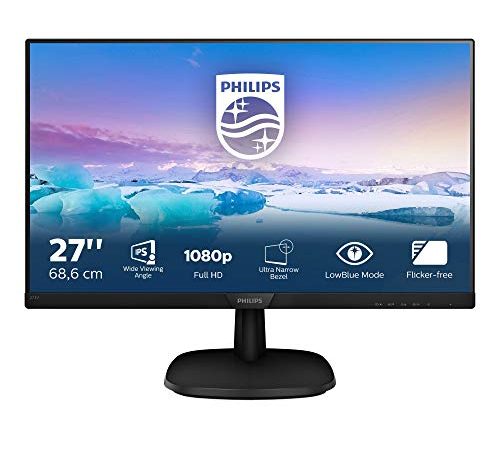 Philips 273V7QDSB Monitor 27" LED IPS Full HD, 4 ms, 3 Side Frameless, Low Blue Mode, Flicker Free, HDMI, DVI, VGA, Attacco VESA, Nero