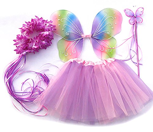 Tante Tina Costume Farfalla per Bambina - Vestito Farfalla da Bimba in 4 Pezzi, Quali Gonna in Tulle, Ali, Bacchetta e Cerchietto - Arcobaleno - Indicato per i Bambini da 2 a 8 Anni