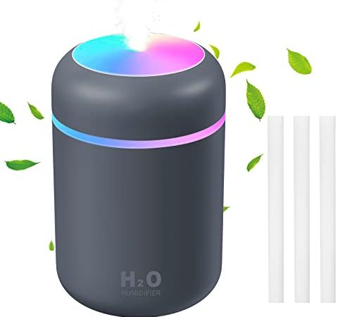 URAQT auto umidificatore, 300ML mini humidifier Mini umidificatore da scrivania, usb umidificatore con Luce Notturna e 2 Modalità di Nebbia, per Camera da Letto, Ufficio, Viaggi, Piante(Grigio)