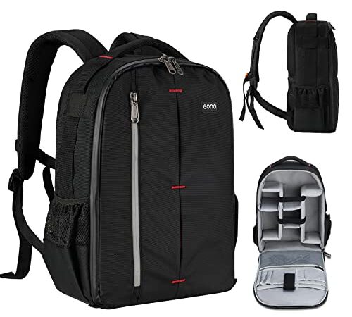 Amazon Brand - Eono Zaino da viaggio, zaino per fotocamera waterproof con compartimenti protettivi rimovibili, Ottimo Regalo aziendale - per un per i viaggi, per la fotografia - Nero