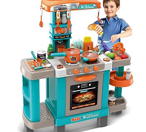 BAKAJI Cucina Giocattolo Bambini con Fornello Funzionante Luci Suoni Forno e 34 Accessori Gioco Dimensione 87 x 78 x 29 cm (Azzurro)