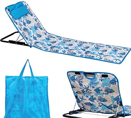 BAKAJI Materassino Spiaggia, Stuoia Lettino Mare da Scoglio, Prendisole Pieghevole Portatile con Schienale Regolabile e Sacca Portatutto Inclusa, Pratico Moderno Colorato 160 x 52 cm, Trama Conchiglie