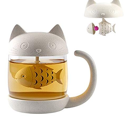 BigNoseDeer Tazza da tè in vetro con gatto carino, tazza da tè con infusore per tè a forma di pesce, Bottiglia dell'Acqua con Il Filtro,Tazza di caffè 250ML(8OZ)