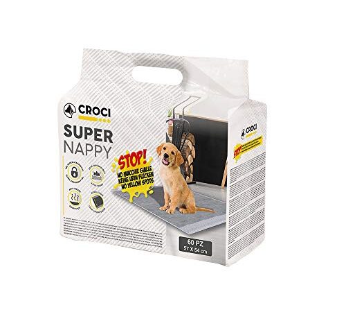 Croci Super Nappy Carboni attivi - Tappetini Igienici per Cani 57x54 cm - 60 pezzi, Traverse Cani e Animali Domestici, per Pipi Cane e Gatto Ultra Assorbenti Usa e Getta, Antistrappo e Antiodore