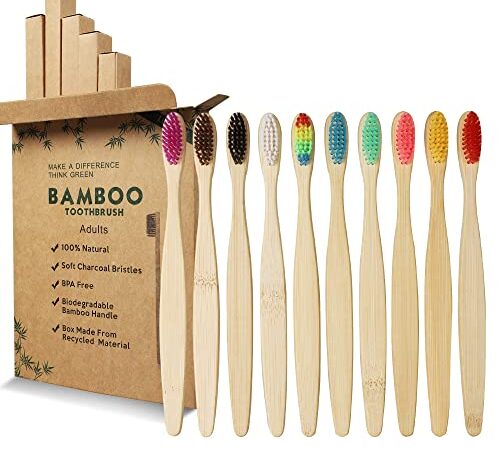 GeekerChip Spazzolino Bamboo[10 Pezzi],100% Senza BPA Vegan Spazzolini Bamboo di Riutilizzabili e Biodegradabile,con Setole di Carbone Morbide e Disegno Ergonomica-10 Colori