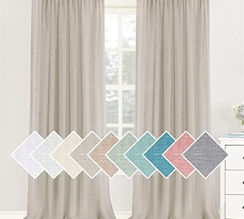 LINFKY Tende di Lino Tende in Misto Lino Pannelli per Tende Semitrasparenti Tende in Lino Naturale per Soggiorno Tasca per Asta Camera da Letto Tende Filtranti, 2 Pannelli (Linen,2X 132x274 cm)