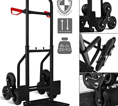 MASKO® - Carrello portapacchi montascale, portata: 200 kg, carrello impilatore, pieghevole, pneumatici in gomma dura, manici in plastica, telaio in acciaio, colore nero