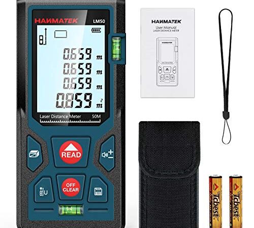Metro Laser da 50m, Misuratore Distanza Laser in M/In/Ft, Memorizza 99 Set di Dati, Display LCD Retroilluminato, Misura Pitagora, IP54, Spegnimento Automatico, Auto-Calibrazione e Muto