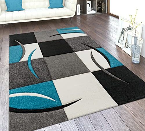 Paco Home Tappeto da Soggiorno a Pelo Corto, Disponibile in Diversi Colori e Misure, con Motivo a Quadri e Righe e Design 3D, Dimensione:120x170 cm, Colore:Turchese