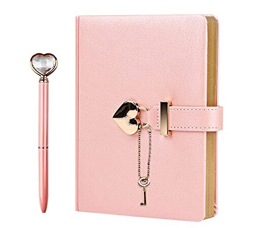 Relota Diario Segreto Bambina con Lucchetto e Chiave, B6 Taccuino Appunti di Viaggio in Pelle PU con Penna Diamante Cuore, Rosa Quaderno Scrittura, 144 Pagine A Righe, Regalo per Bambine, 135x180mm