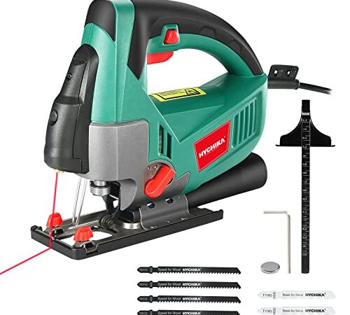 Seghetto Alternativo 750W, HYCHIKA Profondità di Taglio 110mm, 800~3000RPM, 6 Velocità Variabile, Angolo di Inclinazione Regolabile da ±45 °, Adatto per Metallo, Legno.