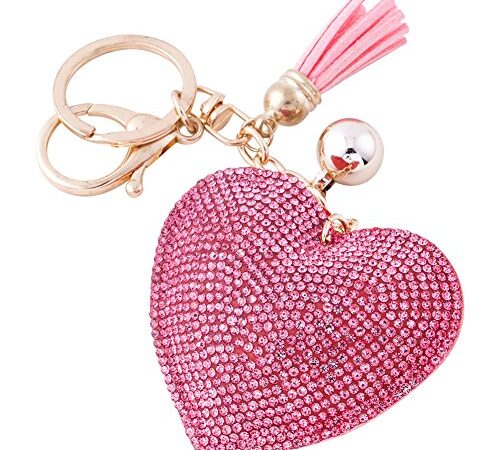 Soleebee Portachiavi in pelle cuore d'amore Bling Cristallo Portachiavi auto Fascino accessori per borse e Personalizzare Zaino con le nappe (Rosa)