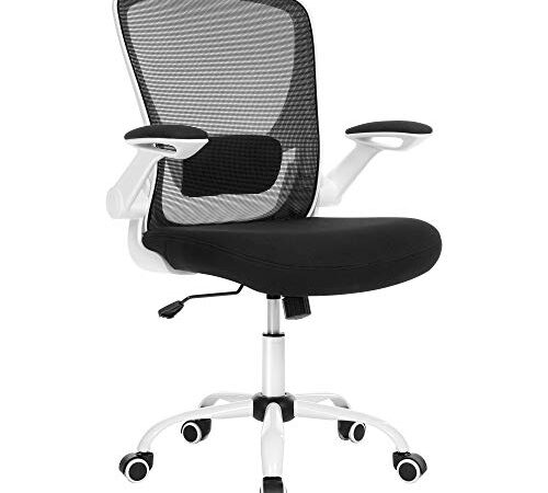 SONGMICS Sedia da Ufficio, Sedia Girevole, Sedia di Rete, Sedia da Computer Ergonomica, Supporto Lombare Imbottito, Funzione Oscillante, Seduta 53 cm, Braccioli Pieghevoli, Bianco e Nero OBN37WT