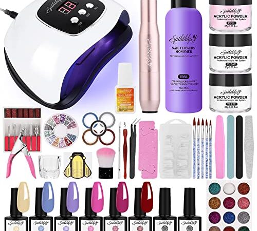 SPTHTHHPY Smalto Semipermanente Per Unghie Kit in 6 Colori Gel+48W LED Lampada+Set Polvere e 90ML Liquido Acrilico+Fresa Unghie Elettrica Kit Unghie Completo