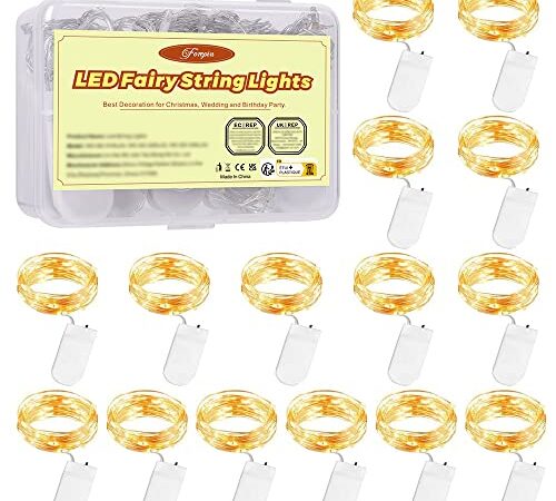 Stringa Luci LED a Batteria, 15 Pezzi Impermeabile 20 LED 2M Mini Lampada a Fili di Rame Bianco Caldo, per Interni ed Esterni, Natalizi, Matrimoni, Feste di Compleanno, Decorazione da Giardino