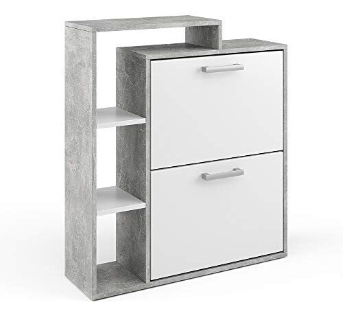Vicco Scarpiera per calzature ORLANDO, Scaffale Portascarpe con 2 scomparti, Organizer per scarpe, Scarpiera cassetti, Ripiano per scarpe estraibile, Scarpiera ribalta, 80x90 cm, Bianco Cemento